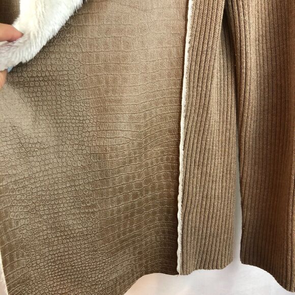 Alfred Dunner 12 Tan Ribbed Cardigan Open Front Sweater Jacket Faux Suede & Knit - Picture 9 of 11